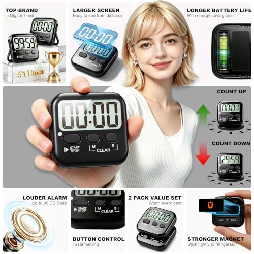 2 Pack Digital Timer for Kids Classroom Kitchen Timers for Cooking (2 * Rich Black)
