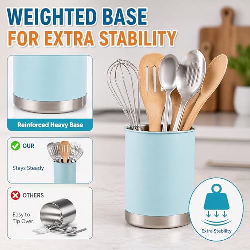 Heavy Gauge Weighted Base Stainless Steel Tool Crock Utensil Holder Flatware Organizer