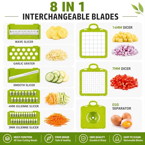 16-in-1 Vegetable Chopper with Container, 8-Blade Food Chopper, Onion Chopper, Veggie Cutter & Mandoline Slicer, BPA-Free Kitchen Gadget