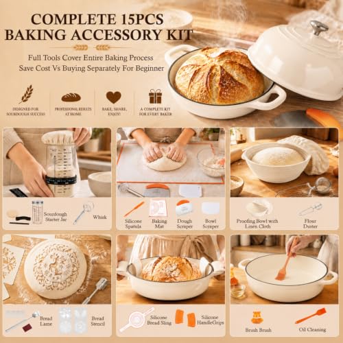 5 Qt Enameled Cast Iron Dutch Oven with Lid for Sourdough Bread Baking (White)