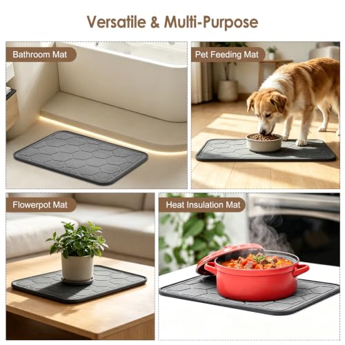 Stone Dish Drying Mat with Silicone Sleeve (Grey- Honeycomb Pattern / 15.7" x 11.8")