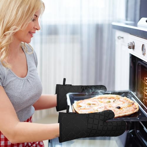 Oven Mitts Kitchen Towels and Dishcloths Pot Holders Sets (Black)
