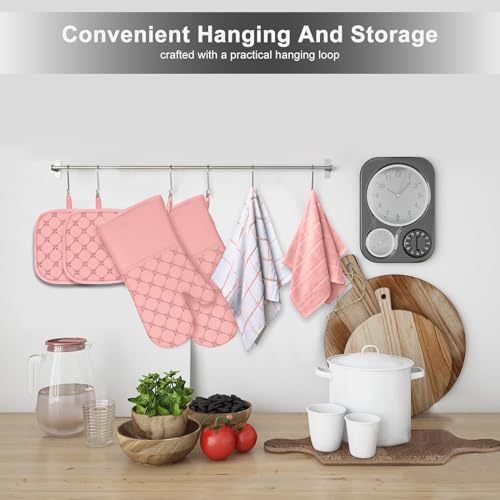 Oven Mitts Kitchen Towels Dishcloths with Pot Holders Sets 12PCS (Pink)