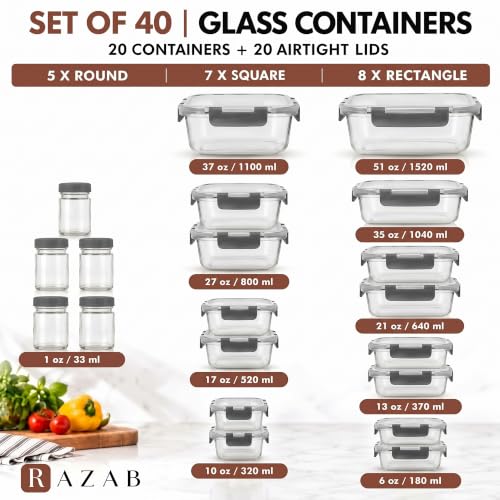40 PC Glass Kitchen Storage Containers with Lids (Gray)