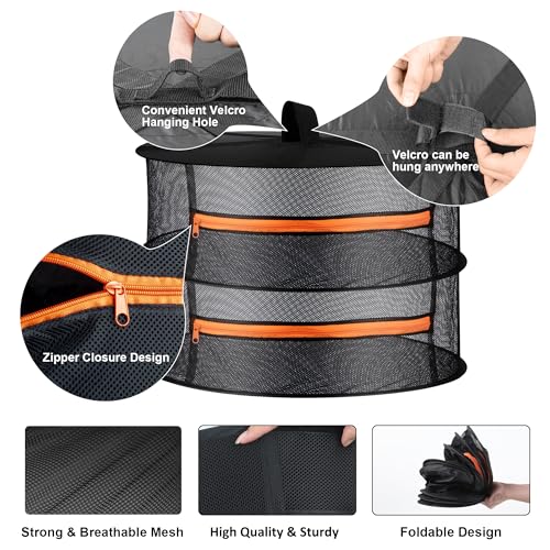 Herb Drying Rack Folding Mesh Hanging Basket Dryer Net with Orange Zippers for Seeds Flowers Buds Plants Garden Outdoor Bumper Harvest