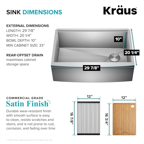 Kore 30 Inch Rounded Farmhouse Workstation with In Sink Dish Drying Rack (30 Inch / Rounded Farmhouse / Stainless Steel)