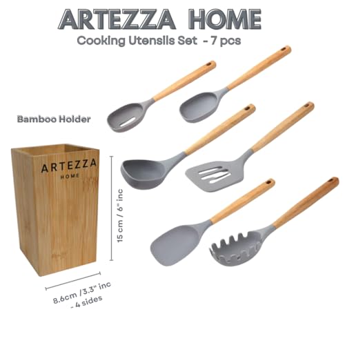 Premium Silicone Kitchen Utensil Set Piece Cooking Tools with Acacia Wood Handles and Bamboo Holder