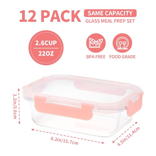 12-Pack, 22oz Glass Meal Prep Containers with Lids, Pink Set (22oz, 12 Pack - Pink Set, Same Size)