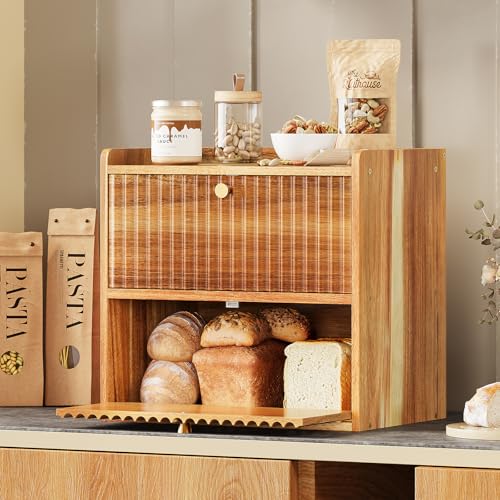 Rustic Bread Box for Kitchen Countertop Bamboo Bread Storage Container Bin Double Layer BreadBox Farmhouse Large Capacity Food Organizer