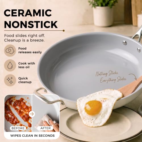 14 INCH Ceramic Nonstick Deep Frying Pan with Lid (Cream & Grey / 14 Inch /6 QT)