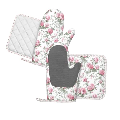 Oven Mitts Pot Holders Set Vintage Floral Silicone Kitchen Gloves Potholders Heat Resistant for Chef Baking Cooking Grilling BBQ 4 Pack Mitt (A0612)