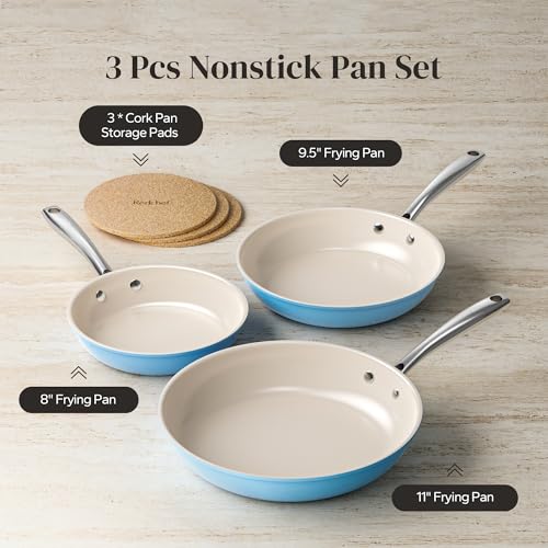 Skillets and Frying Pans Non Stick Pan Sets for Cooking 8" (Sea Salt Blue / 8+9.5+11 Inch)