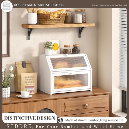 Bread Box for Kitchen Countertop Bin Double Layer Bread Box Storage Container Extra Large Capacity Farmhouse with Diamond Pattern Windows (White / Large)