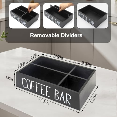 Coffee Station Organizer with Removable Dividers Disposable Coffee Cup Holder Wooden Countertop Organizer for Coffee Condiment Accessories Storage Farmhouse Coffee Bar Decor Black