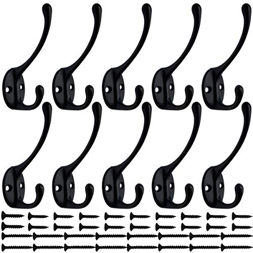 10 Pack Heavy Duty Dual Coat Hooks Wall Mounted with 40 Screws Retro Double Hooks Utility Black Hooks for Coat