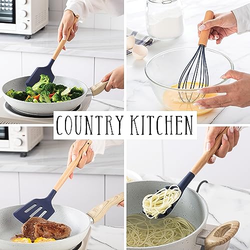 Non Stick Silicone Utensil Set with Rounded Wood Handles for Cooking and Baking (38 Piece Set / Navy)