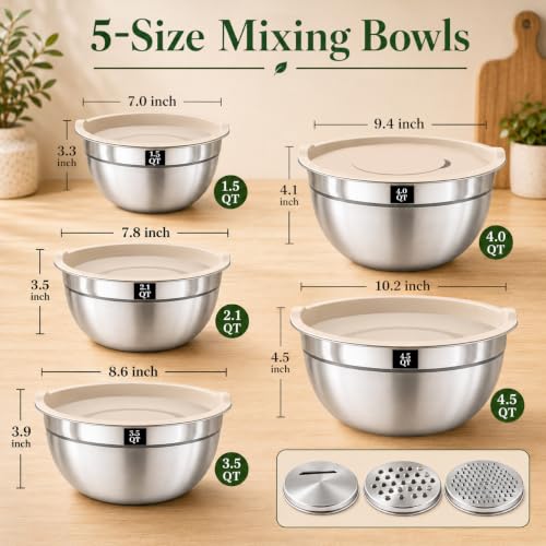 8PCS Stainless Steel Mixing Bowls with Lids (8PCS Khaki Mixing Bowls Set)