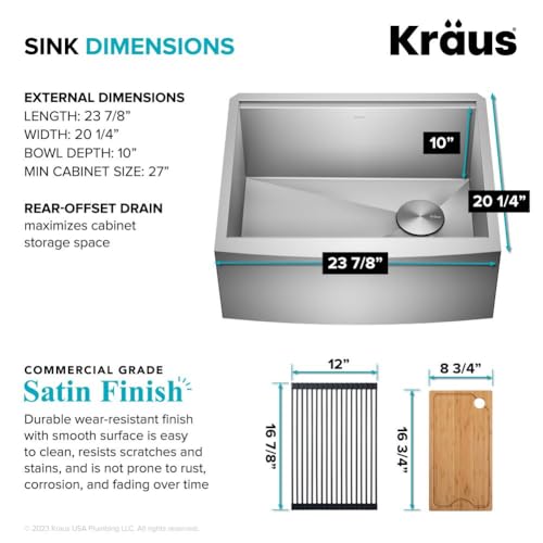 Kore 24 Inch Farmhouse Workstation 16 Gauge Single Bowl Stainless Steel Kitchen Sink with Accessories (24 Inch / Rounded Farmhouse / Stainless Steel)