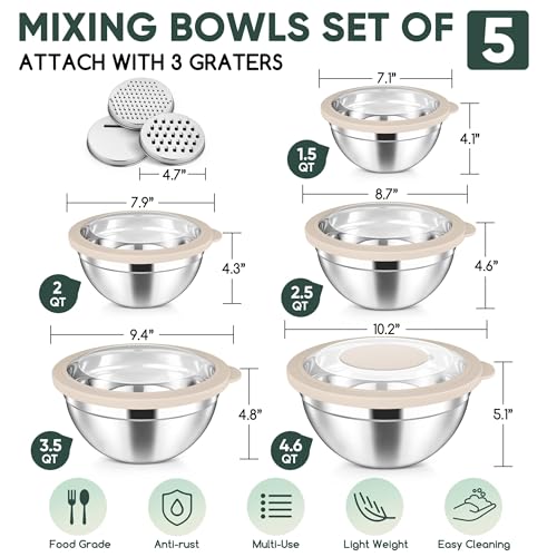 5 Piece Mixing Bowls with Airtight Clear Lids (Khaki / 4.6, 3.5, 2.5, 2, 1.5QT)
