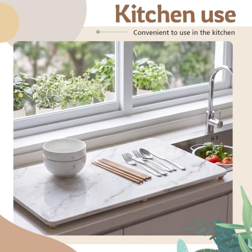 32" x 18" Extra Large Stone Dish Drying Mat for Kitchen (White Marble / 32" x 18")