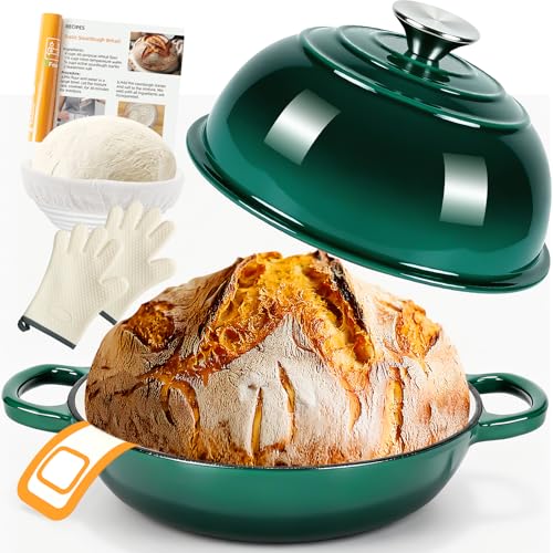 6QT Enameled Cast Iron Dutch Oven for Sourdough Bread Baking (Midnight Green)