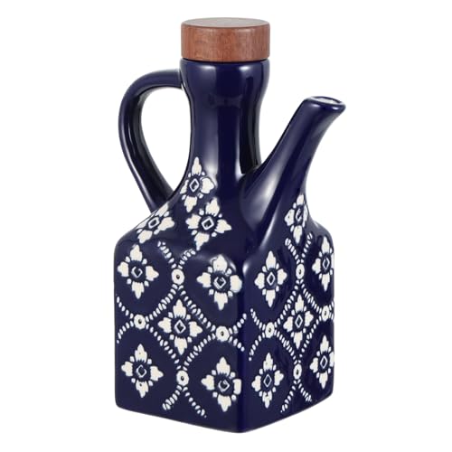 8.5 oz Ceramic Olive Oil Dispenser Bottle Decorative Olive Oil Dispenser Bottle with Handle & Wooden Stopper Relief Opaque Ceramic Oil Cruet for Kitchen Cooking Oil Vinegar (Blue)