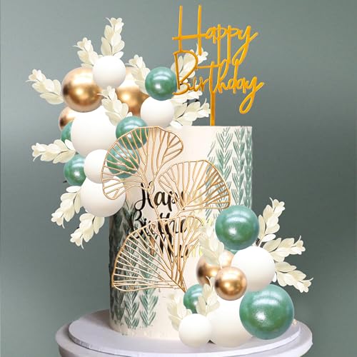 57Pcs Khaki Balls Cake Topper Boho Grass Cake topper Pearl Balls Acrylic Happy Birthday Cake Decorations for Wedding Baby Shower Birthday Boho Themed Party Supplies Khaki White Gold