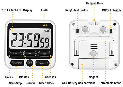 4-in-1 Digital Timer with Count Up/Down, Clock & Alarm, Ring & Silent Modes (Black)