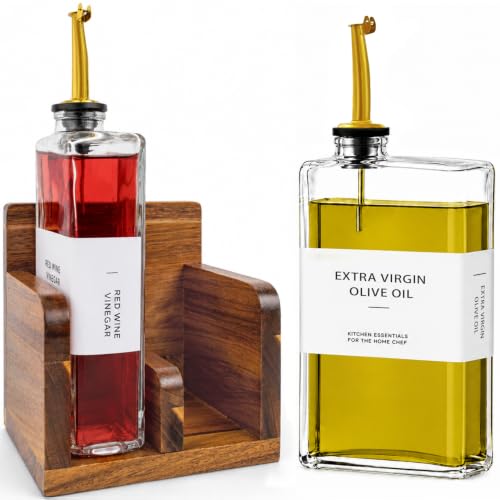 Glass Oil and Vinegar Dispenser Set with Acacia Wood Stand (Clear)