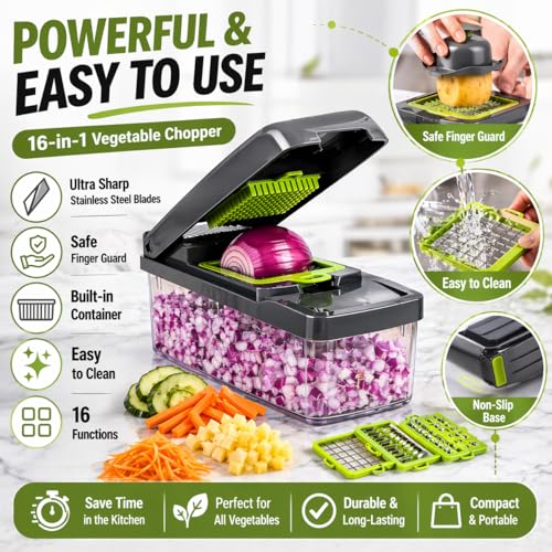 16-in-1 Vegetable Chopper & Mandoline Slicer – Multi-Function Food Cutter with Container, Stainless Steel Blades, Onion Dicer, Veggie Cutter, Grater Kitchen Tool