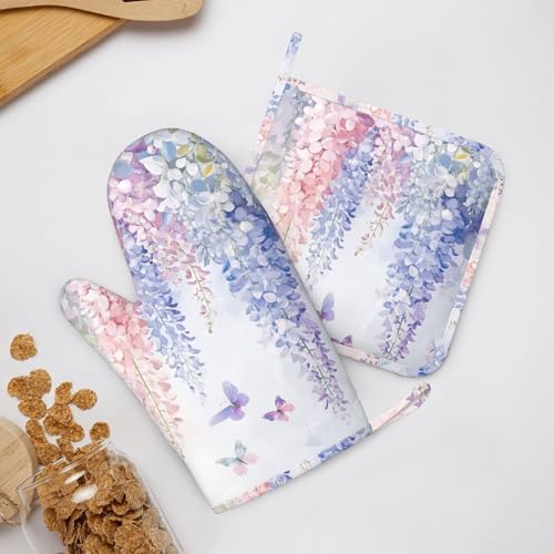 Oven Mitts and Pot Holders Botanical Flower Butterfly Silicone Kitchen Accessories Set of 4 Heat Resistant Long Gloves Potholder Non (A094)