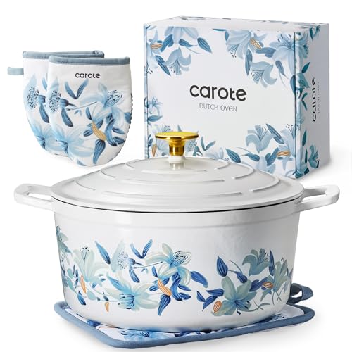 7QT Enameled Cast Iron Dutch Oven Pot with Lid (Blue Floral / 7QT)