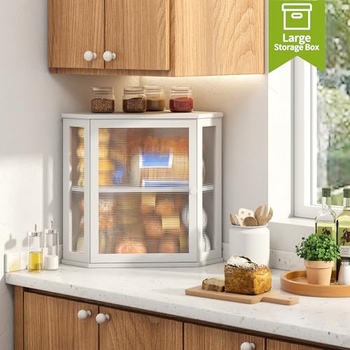 Corner Bread Box for Kitchen Countertop Double Layer Bamboo Wooden Bread box Large Capacity Bread Storage Bin (White / Extra Large)