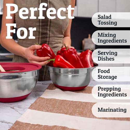 6Pc Stainless Steel Mixing Bowls with Lids Set (Red)