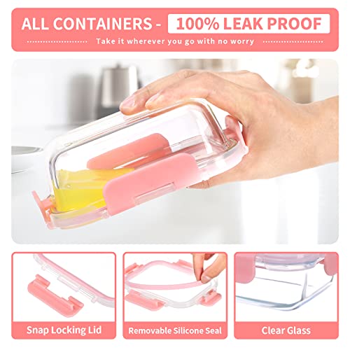 12 Pack 12oz Small Glass Food Storage Containers (12oz, 12 Pack - Pink Set, Same Size)