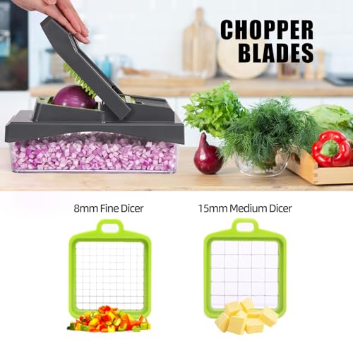 10-in-1 Vegetable Chopper – 6 Blade Veggie Chopper with Container, Food Dicer, Onion Cutter, Cheese Grater, Mandoline Slicer, Kitchen Gadgets & Home Essentials (Gray) (Gray)