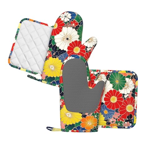 Oven Mitts and Pot Holders Flower Ethnic Art Pattern Silicone Kitchen Accessories Set of 4 Heat Resistant Long Gloves Potholder Non (A098)