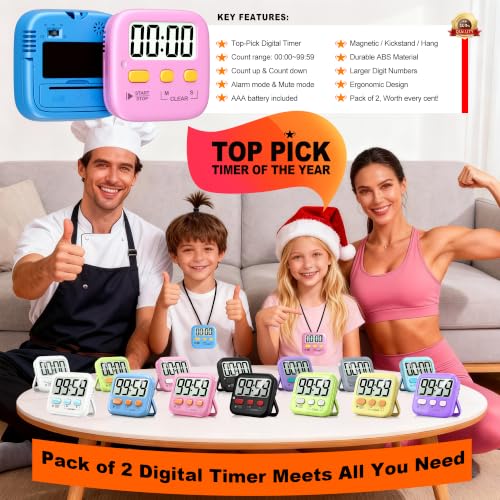 2 Pack Digital Timer for Kids Classroom Kitchen Timers for Cooking (2 * Dreamy Pink + Blue ( 95%+select for Boy & Girl ))
