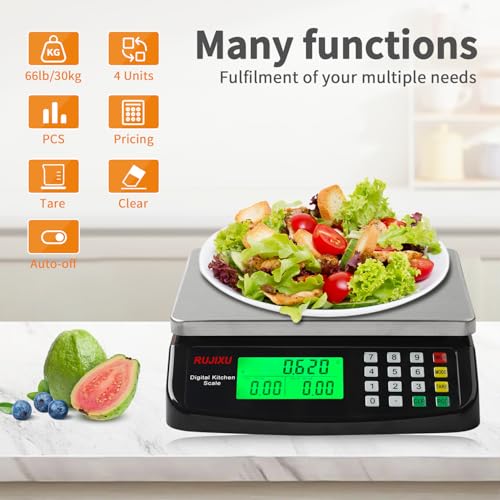 Large Digital Kitchen Scale 30KG Commercial Food Scale 66LB for Baking Bread Meat Stainless Steel Price Computing Scale LCD Display