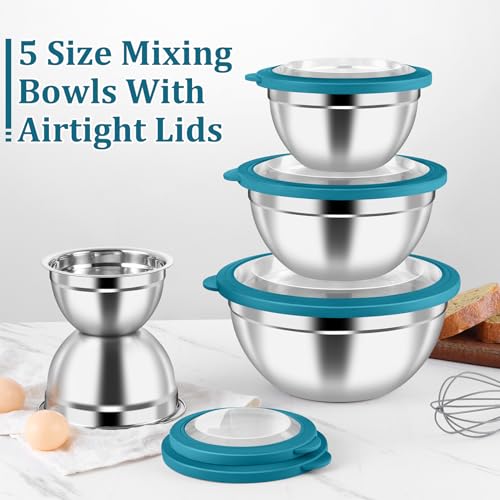Metal Mixing Bowls with Lids Set (Blue / Visible Airtight Lids)