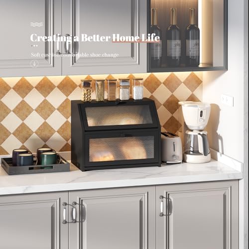 Bread Box for Kitchen Countertop Bin Double Layer Bread Box Storage Container Extra Large Capacity Farmhouse with Diamond Pattern Windows (Black / Large)