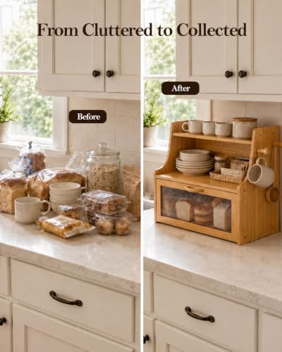 Bread Box for Kitchen Countertop Large Capacity with Shelf Organizer (Natural)