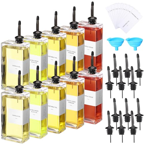 10 Sets Olive Oil Dispenser Bottles for Kitchen with Nozzles Funnel Labels Cooking Oil Dispenser 500ml Set for Kitchen Vinegar Coffee Syrup (Black)