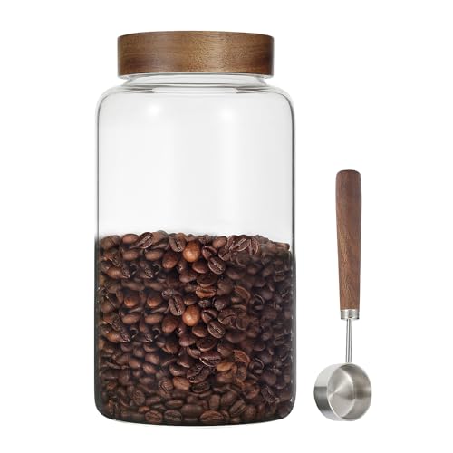 Glass Coffee Jars Spice Jar Round Storage Canister with Wooden Lid Clear Glass Food Jar for Pantry Sugar Tea Coffee Bean Spice Nuts Cookies Bath Salts