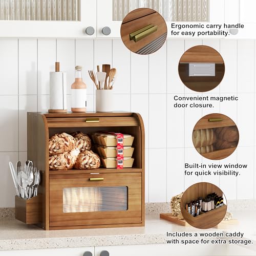 Roll Top Bread Box for Kitchen Countertop (Retro Brown)