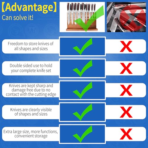 Extra Large Magnetic Knife Block Acacia Wood Knife Set Holder Stand With Stronge Magnetic Strip Kitchen Knives Storage Rack Organizer Tools No Drilling (dark wood color / 15.5*8.7 inch without board)
