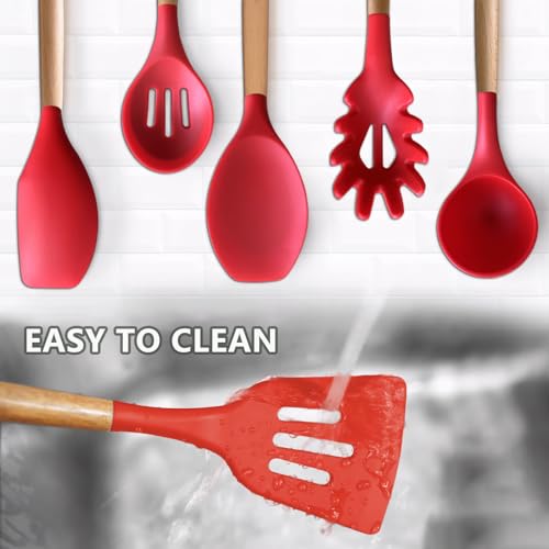 Kitchen Cooking Utensils Set 6Pcs Heat Resistant Silicone Kitchen Utensils Spatula Spoon Turner Ladle w Wooden Handle (Standard 6-Piece Set / Red)