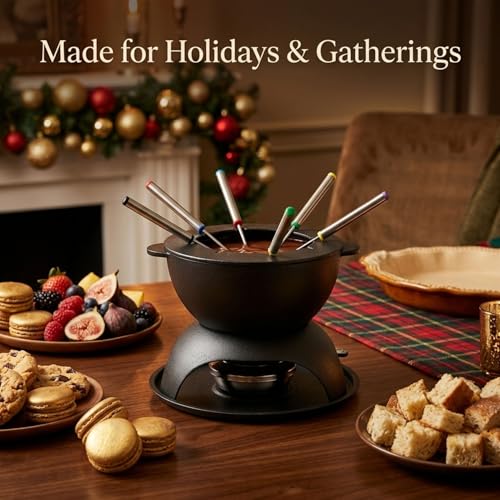 11 Piece Cast Iron Fondue Set with Adjustable Burner 6 Colored Forks