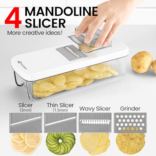 8-in-1 Vertical Vegetable Chopper Mandoline Slicer with Container White - Safe Tap Out Dicer with Hand Guard for Kitchen Easy Food Prep, Onion Potato Veggie Fruit (White)