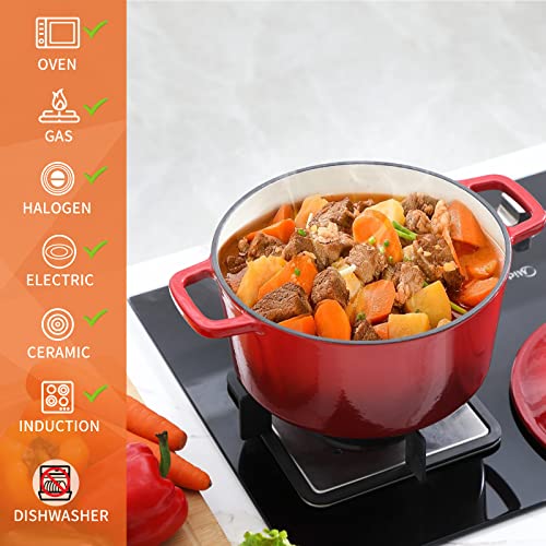 6 QT Enameled Cast Iron Dutch Oven Pot with Lid (Red / 6QT-Round)